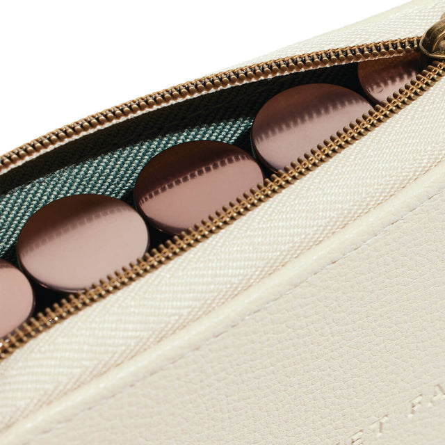 Close up shot of the zipper on the Pocket Farmacy Mindful Edition white leather case