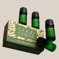 Good Cheer diffuser blend collection box floating with four diffuser blends arranged around it.  